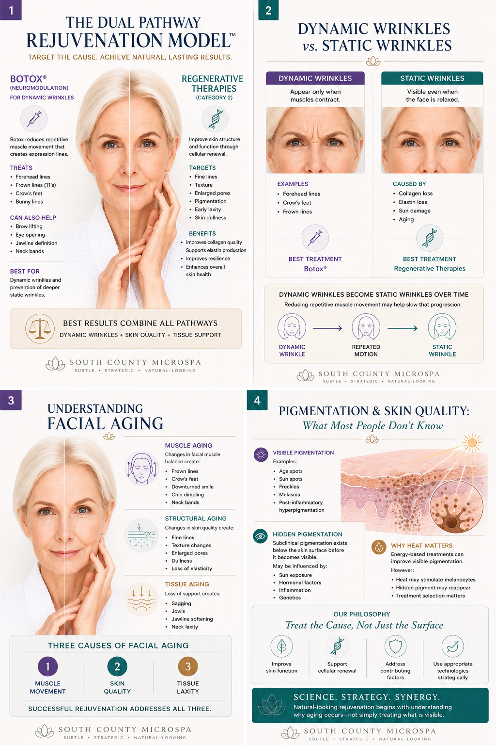 The Dual Pathway Regenerative Anti-Aging Model™ — dynamic vs static wrinkles, facial aging causes, pigmentation and skin quality infographic