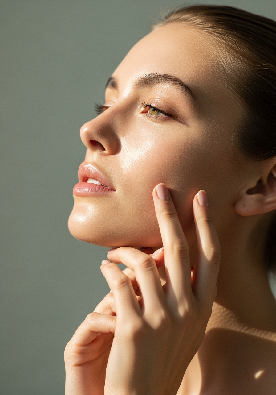Woman with luminous healthy skin touching her face