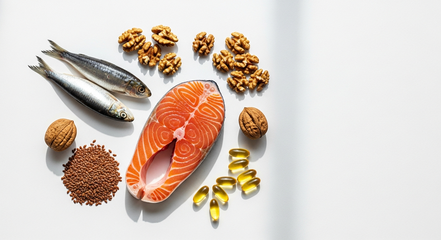 Omega-3 rich foods — salmon, walnuts, and flaxseeds